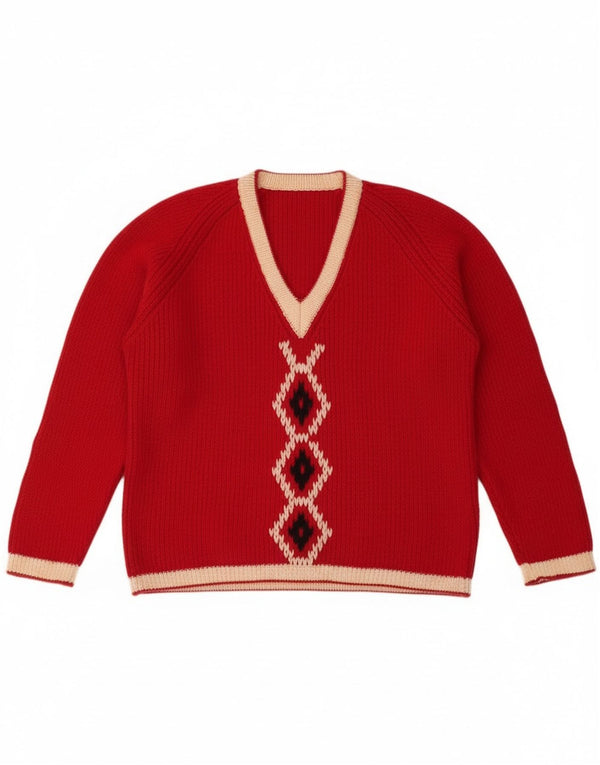Vintage ženski džemper s V-izrezom UK 16 Large Red Fair Isle