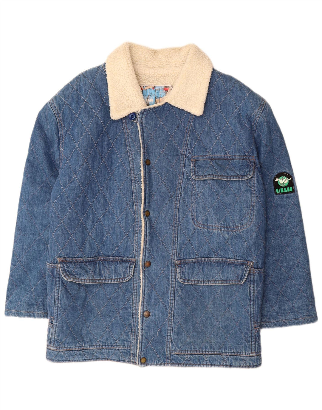 VINTAGE muška traper šerpa jakna UK 40 Large Blue Cotton Classic