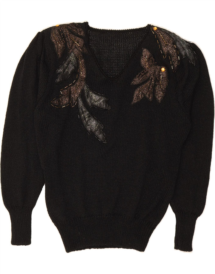 VINTAGE Womens Abstract Pattern V-Neck Jumper Sweater UK 16 Large Black Vintage Vintage and Second-Hand Vintage from Messina Hembry 
