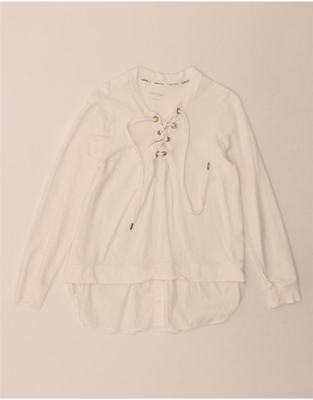 CALVIN KLEIN Womens Oversized Top Long Sleeve UK 10 Small White Cotton Vintage Calvin Klein and Second-Hand Calvin Klein from Messina Hembry 