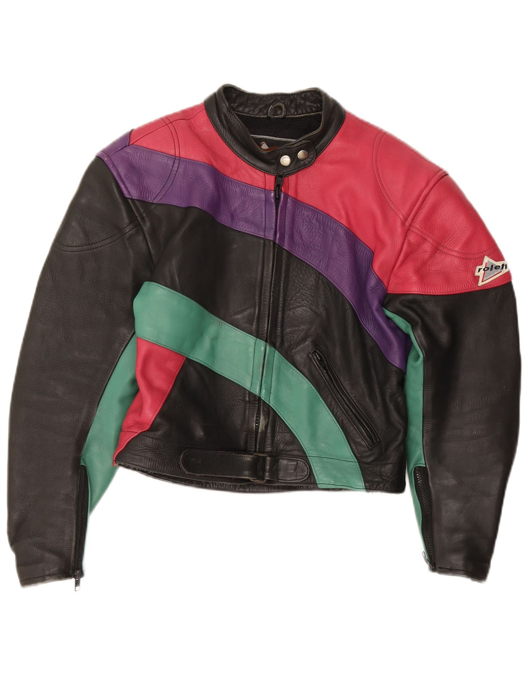 ROLEFF ženska jakna UK 14 Velika crna motociklistička koža u blokovima boja
