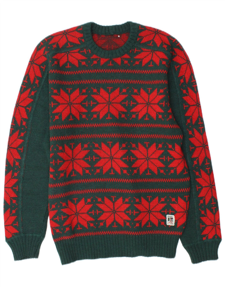 Srebrnasti muški džemper s okruglim izrezom srednje zelene boje Fair Isle