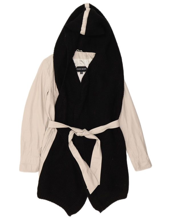 GIAN MORI Womens Hooded Coat UK 14 Medium Off White Colourblock Leather