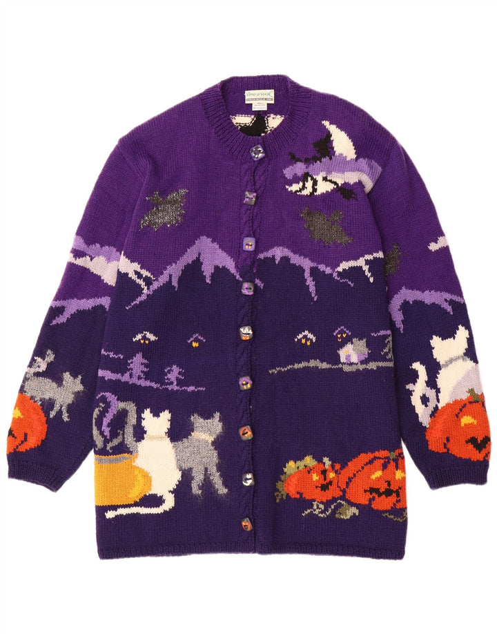 VINTAGE Ženski grafički kardigan džemper UK 20 2XL Ljubičasta vuna