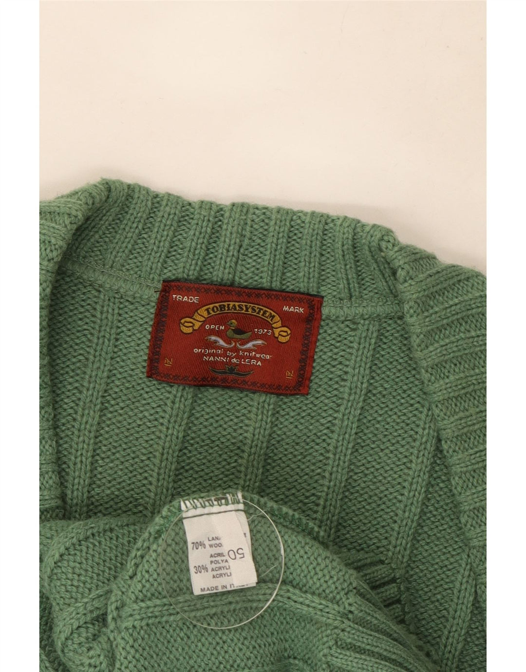 VINTAGE muški kardigan pulover IT 50 srednje zelene geometrijske vune