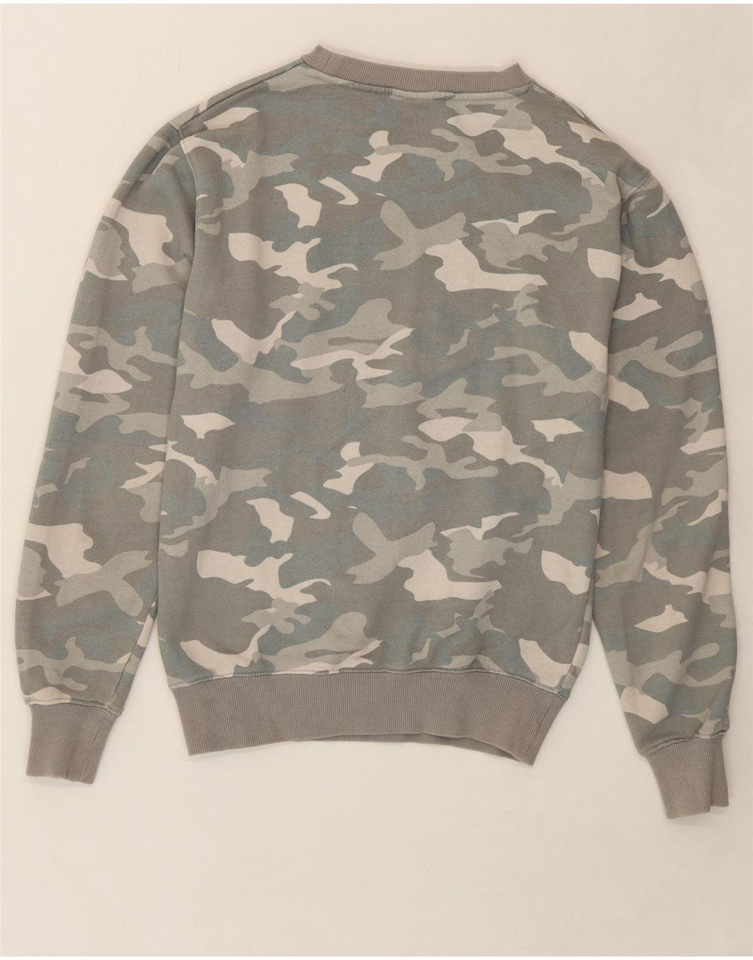 ELLESSE Womens Oversized Sweatshirt Jumper UK 8 Small Grey Camouflage Vintage Ellesse and Second-Hand Ellesse from Messina Hembry 