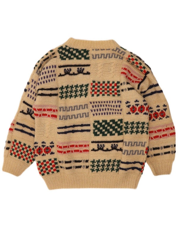 Vintage muški džemper s okruglim izrezom, srednje bež patchwork vuna
