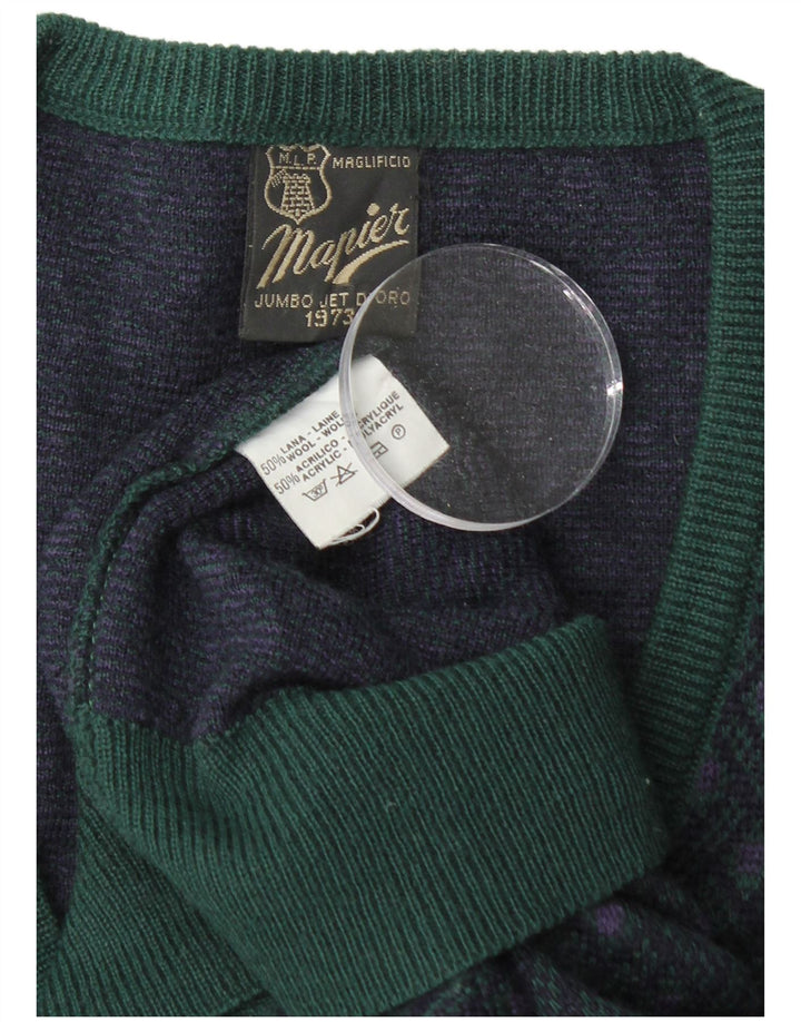 MAPIER Mens V-Neck Jumper Sweater Large Navy Blue Argyle/Diamond Wool