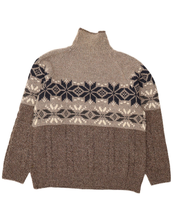 Vintage muški pulover s rol izrezom XL smeđe Fair Isle vune