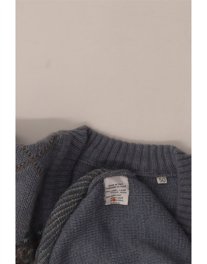 VINTAGE muški džemper s V-izrezom IT 50 Srednje plava Argyle/Dijamantna vuna