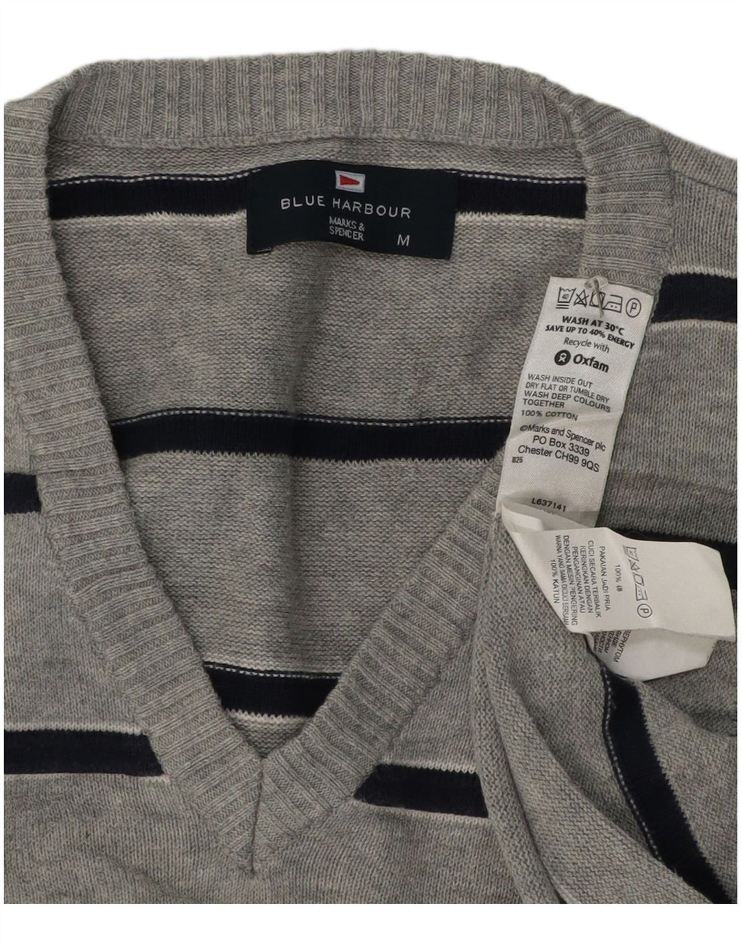Marks & Spencer muški plavi Harbor džemper s V-izrezom srednje sivi na pruge