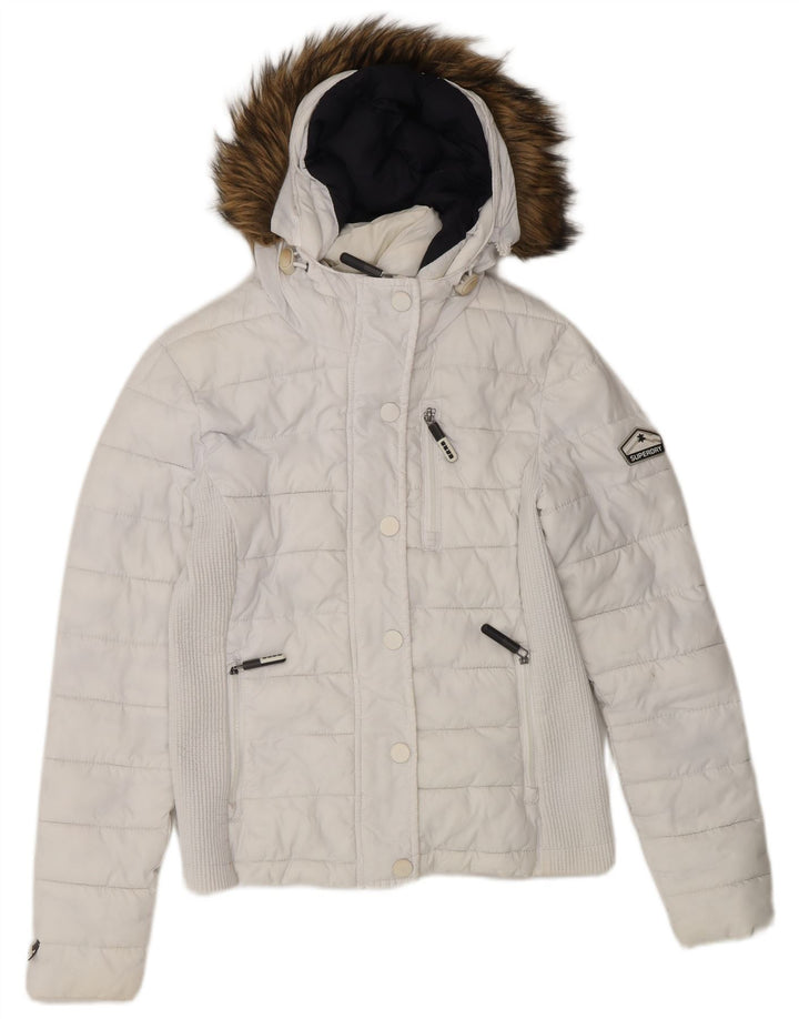 SUPERDRY Womens Hooded Padded Jacket UK 12 Medium White Nylon