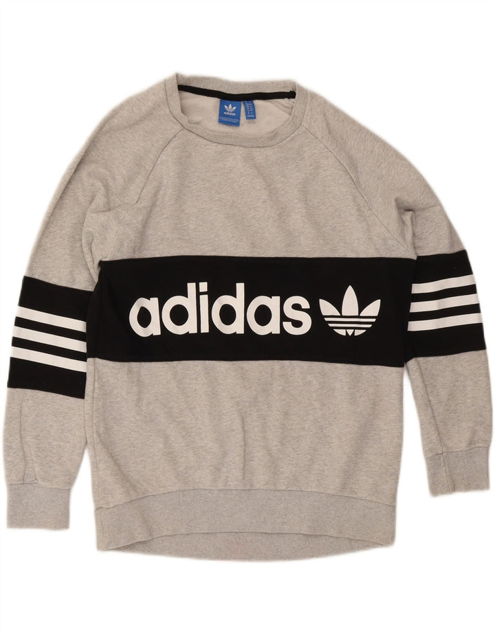 ADIDAS Womens Graphic Sweatshirt Jumper UK 12 Medium  Grey Colourblock Vintage Adidas and Second-Hand Adidas from Messina Hembry 