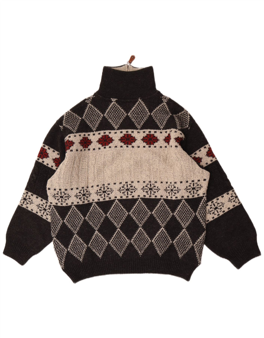 Vintage muški džemper s izrezom s patentnim zatvaračem IT 48 Srednje crni Argyle/Diamond