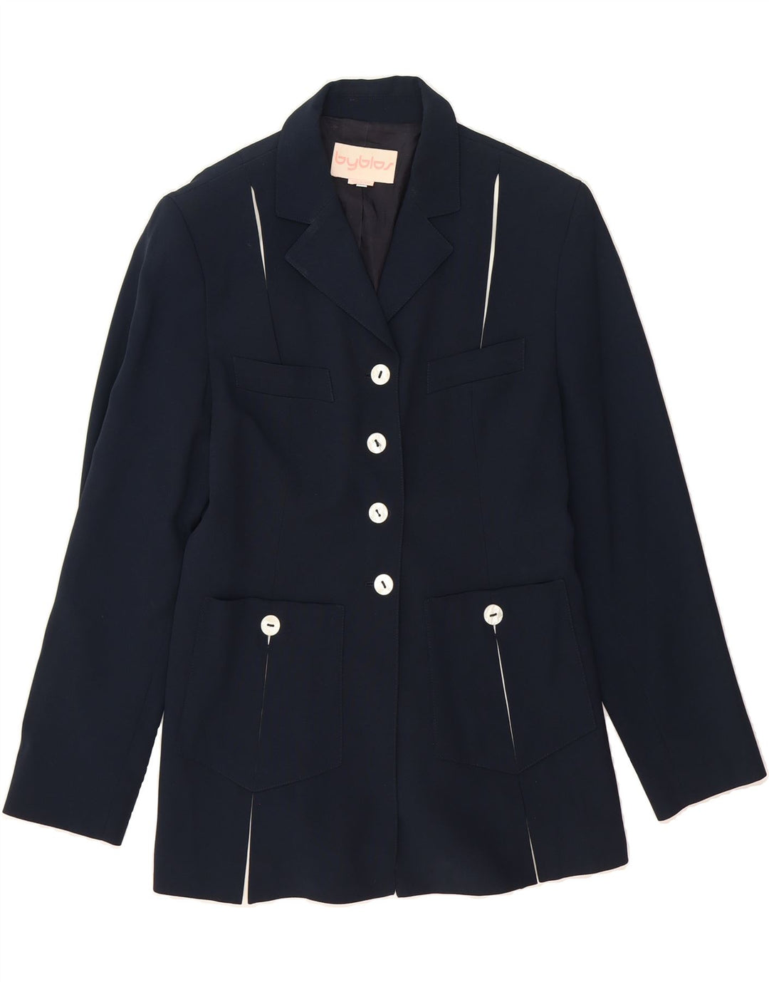 BYBLOS Womens 4 Button Blazer Jacket UK 12 Medium Navy Blue Viscose Vintage Byblos and Second-Hand Byblos from Messina Hembry 