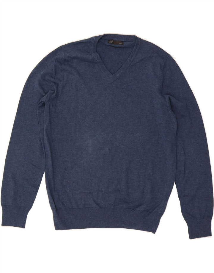 MARKS & SPENCER Mens V-Neck Jumper Sweater Medium Navy Blue Cotton Vintage Marks & Spencer and Second-Hand Marks & Spencer from Messina Hembry 
