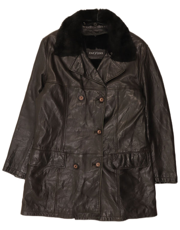 Zaffers Womens Double Breasted Leather Coat IT 42 Medium Black Leather