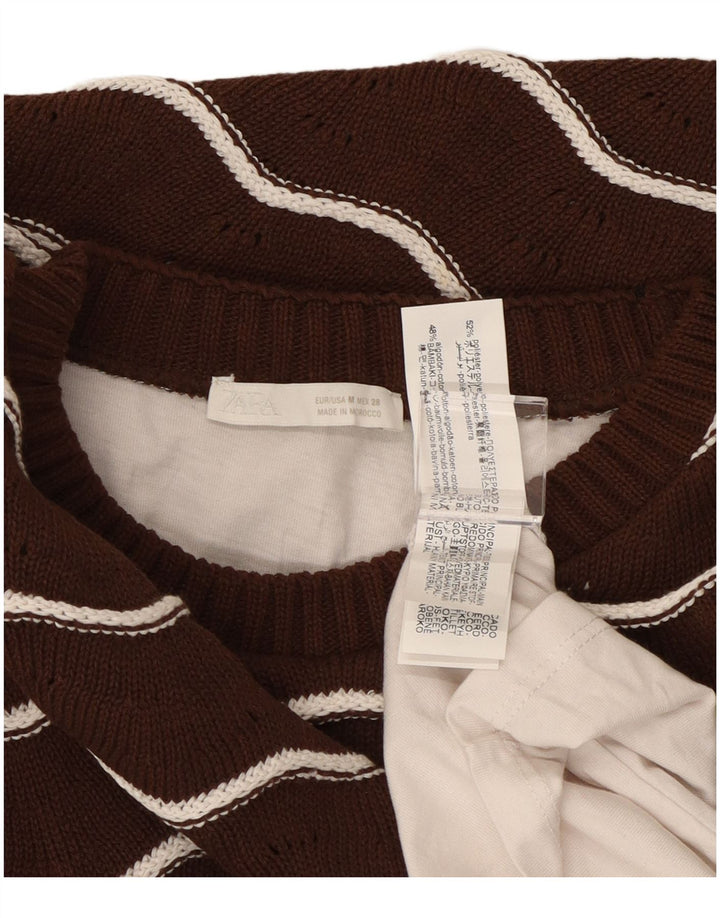 ZARA ženski džemper s okruglim izrezom UK 14 srednje smeđe na pruge