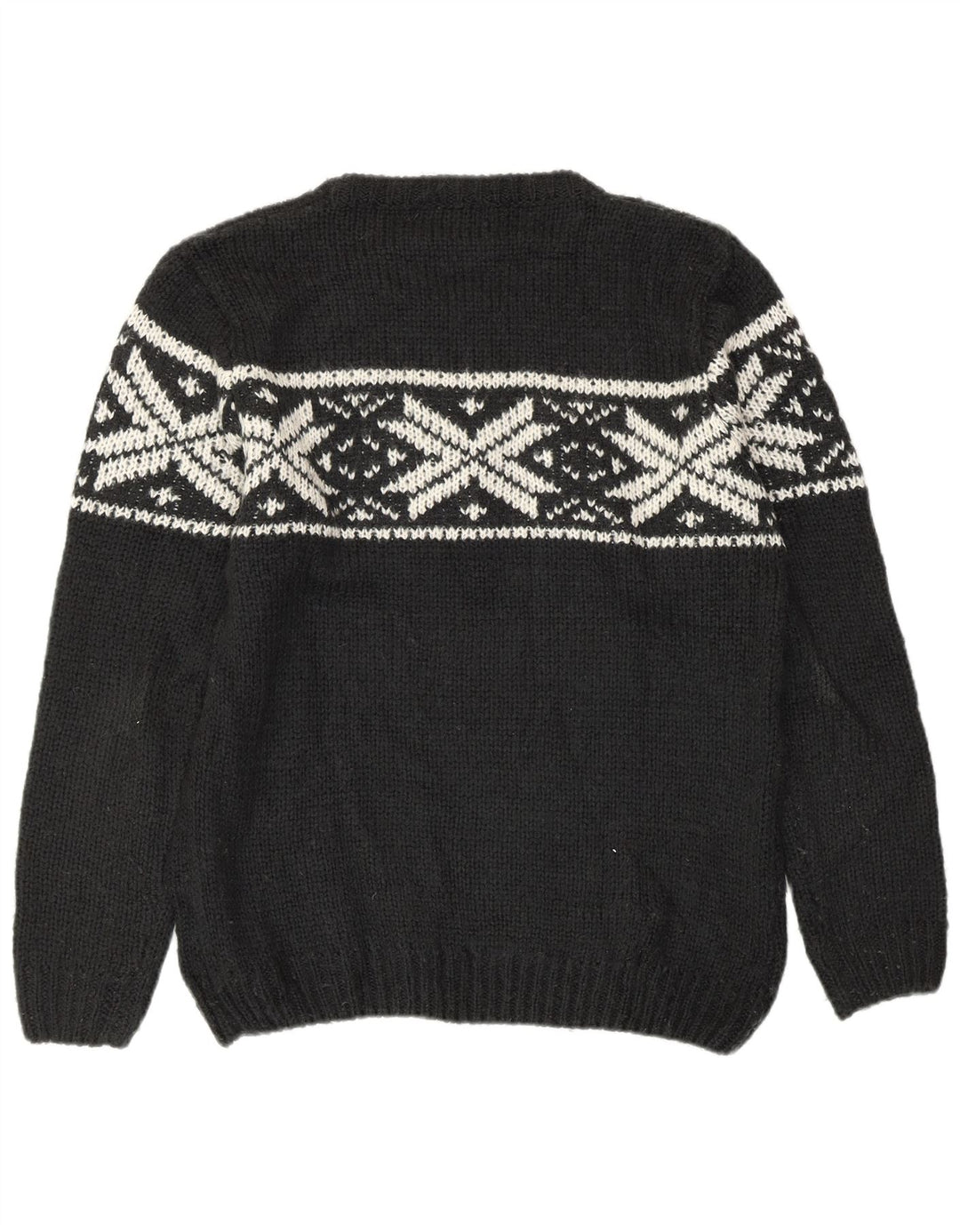 VINTAGE ženski džemper s okruglim izrezom UK 16 Veliki crni Fair Isle vuneni