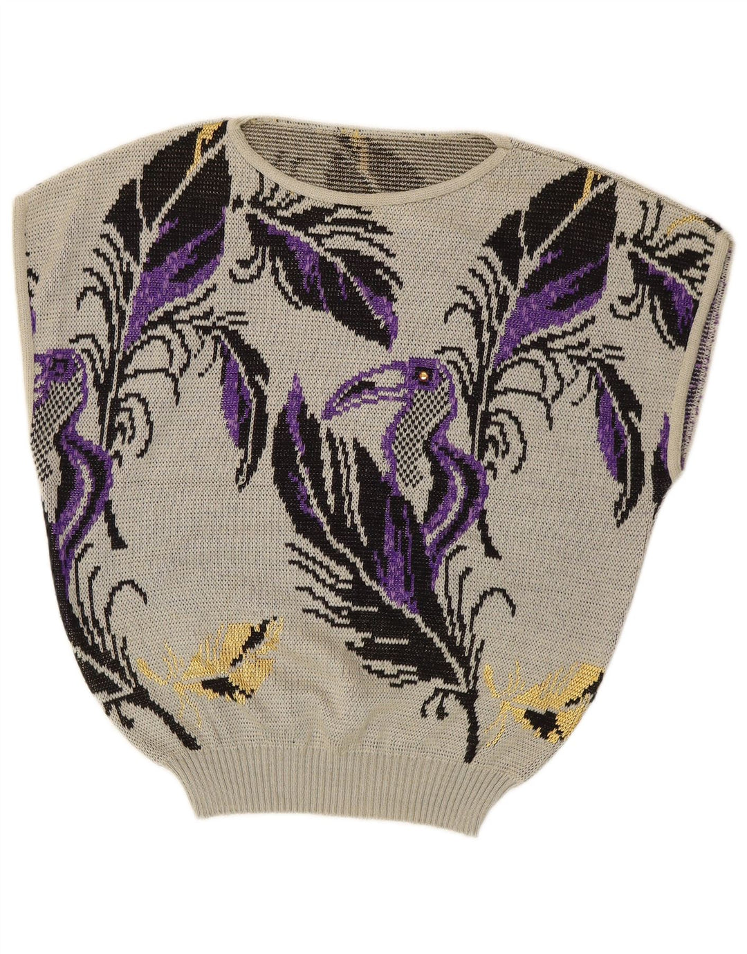 VINTAGE ženski džemper bez rukava s brodskim izrezom UK 14 Veliki sivi cvjetni