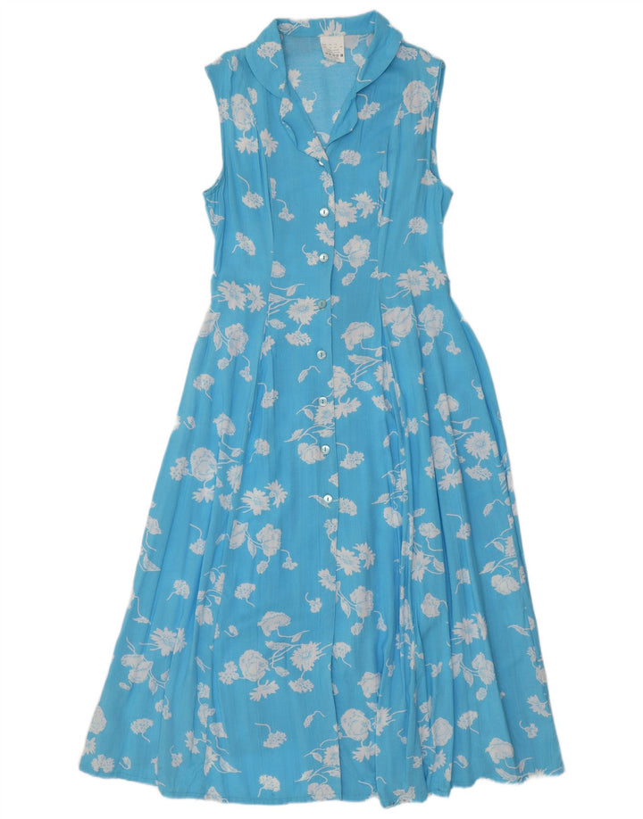 VINTAGE ženska maksi haljina bez rukava UK 14 Velika plava cvjetna viskoza