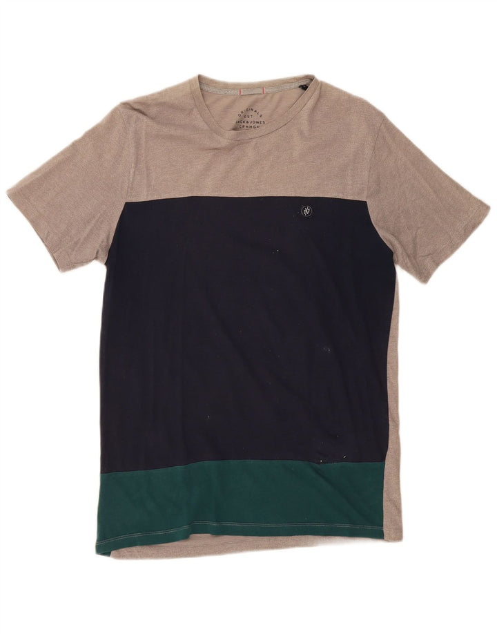 JACK & JONES Mens T-Shirt Top Medium Navy Blue Colourblock Cotton