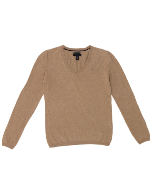 Tommy Hilfiger Womens V-Neck Jumper Sweater UK 6 XS Beige Flecked Cotton