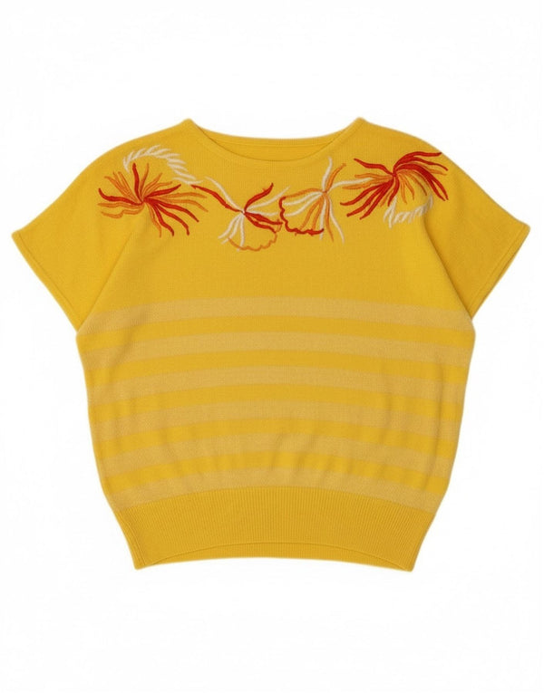 Vintage ženski džemper s veznim izrezom UK 16 Veliki žuti cvjetni