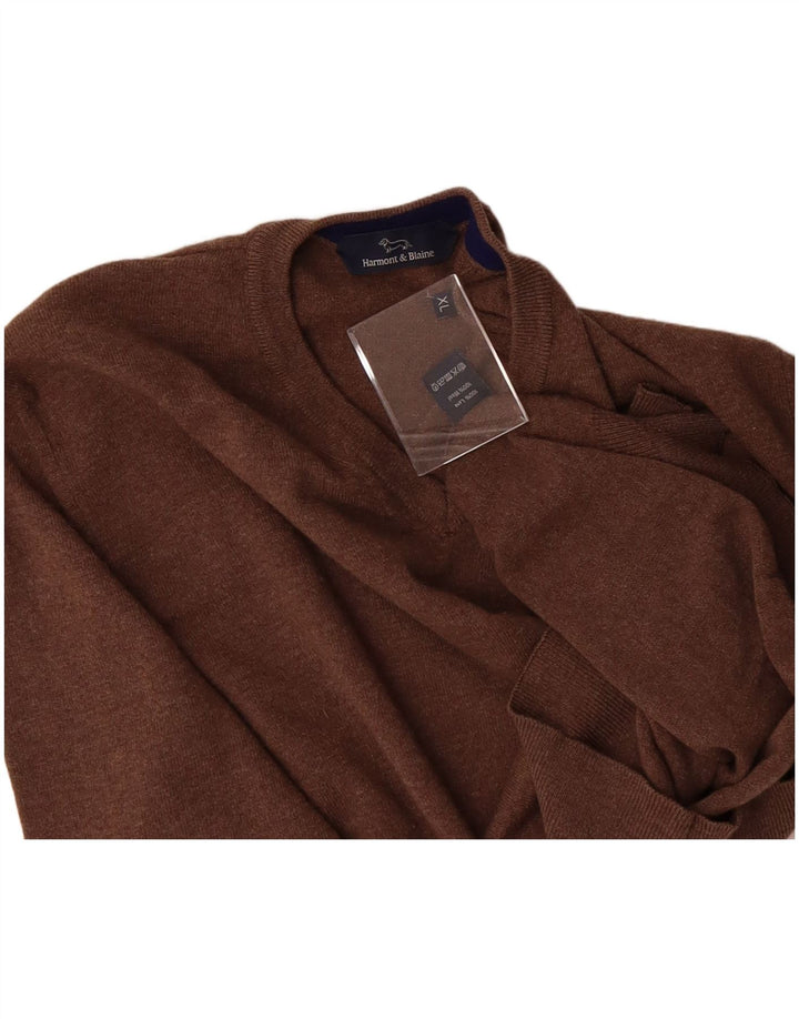 HARMONT & BLAINE Mens V-Neck Jumper Sweater XL Brown Wool