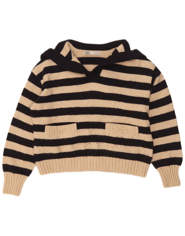 Zara ženski pulover s velikim polo izrezom UK 10 Small Beige prugasti
