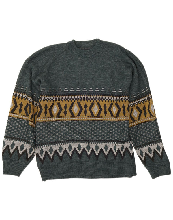 Vintage Mens Crew Neck Jumper Sweater Large Green Geometric