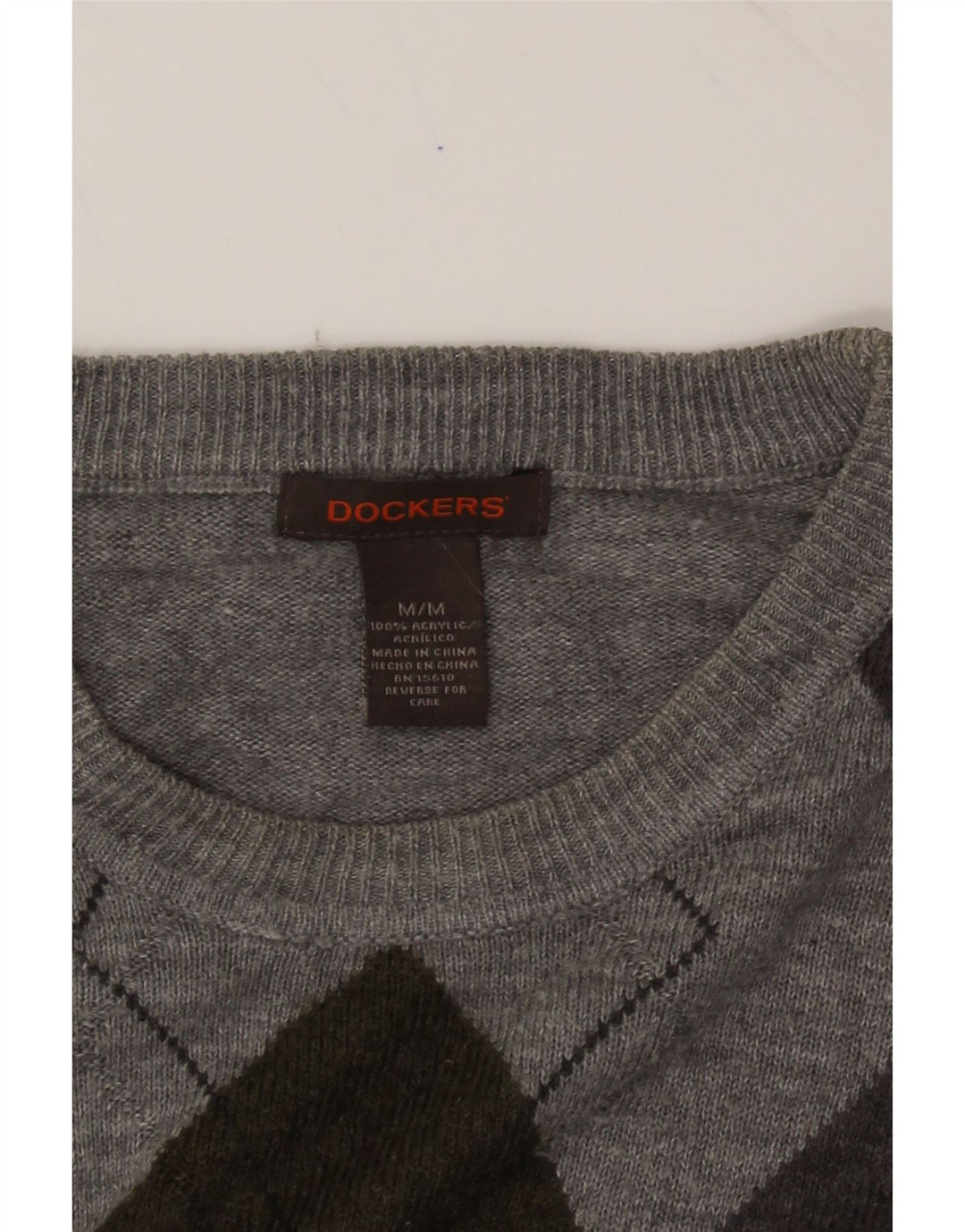 DOCKERS Mens Crew Neck Jumper Sweater Medium Grey Argyle/Diamond Acrylic Vintage Dockers and Second-Hand Dockers from Messina Hembry 