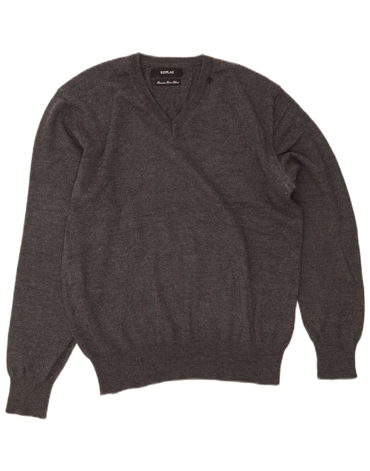 REPLAY Womens V-Neck Jumper Sweater UK 16 Large Grey Wool