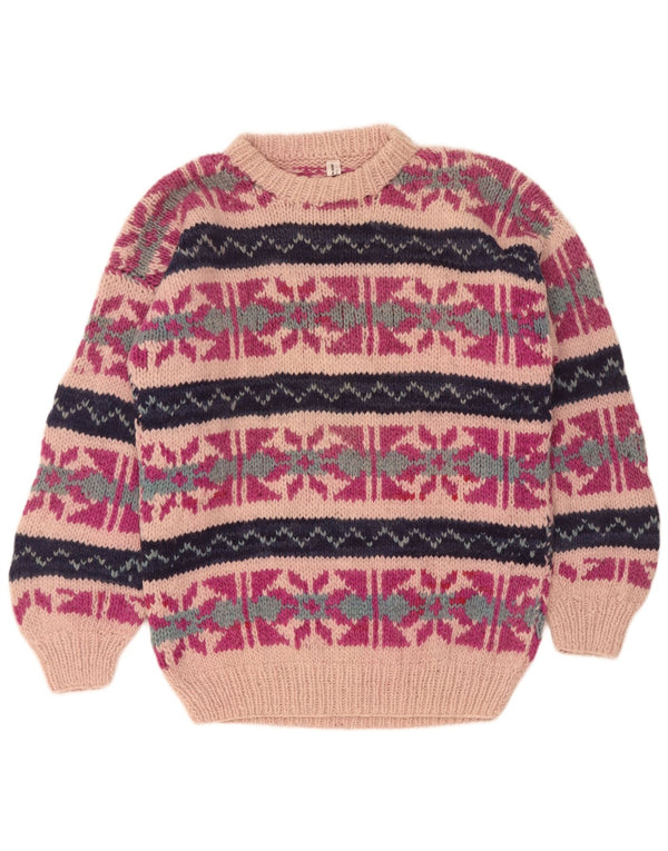 Vintage ženski džemper s okruglim izrezom UK 16 Large Pink Fair Isle Wool