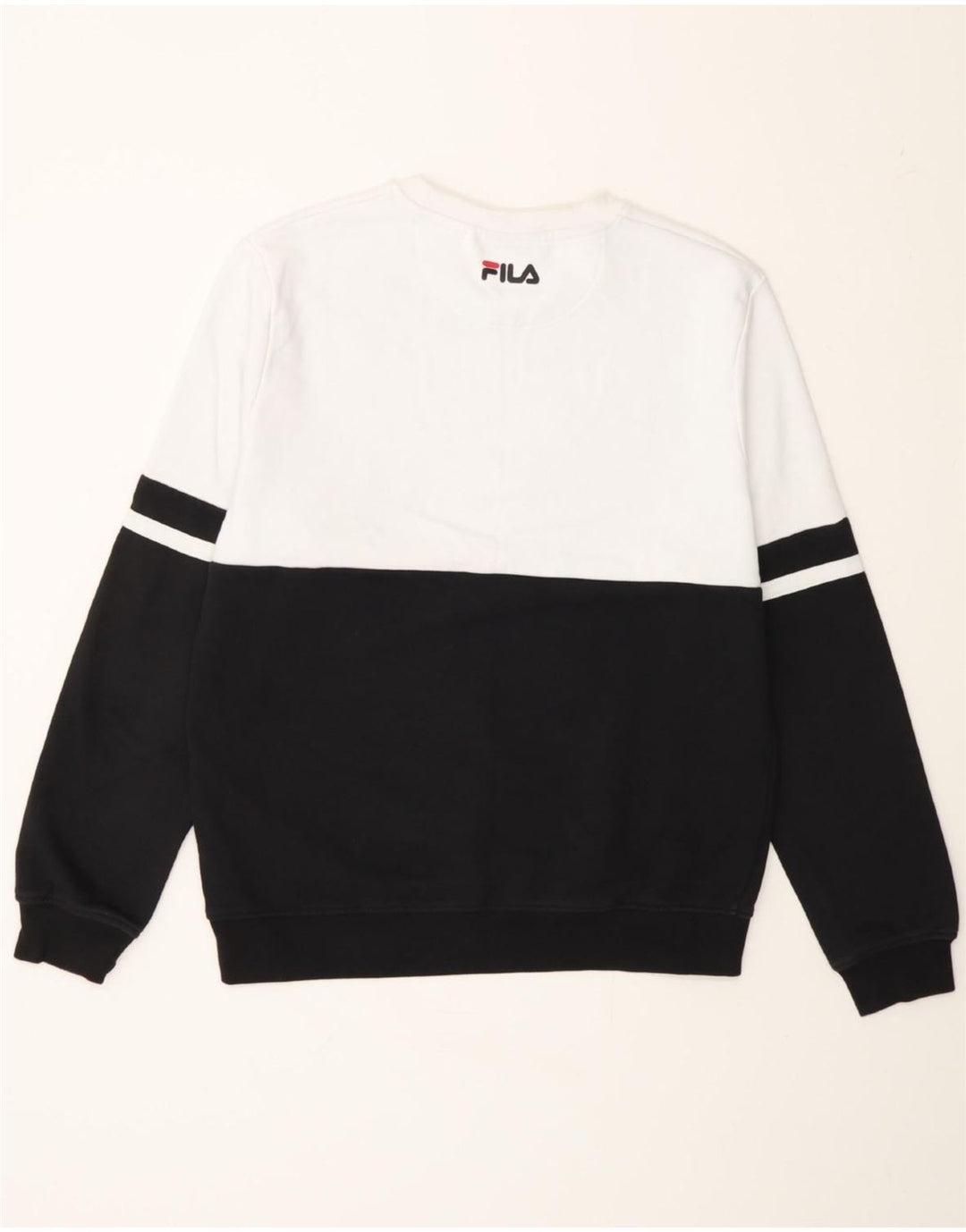 FILA Mens Graphic Sweatshirt Jumper Medium White Colourblock Cotton Vintage Fila and Second-Hand Fila from Messina Hembry 