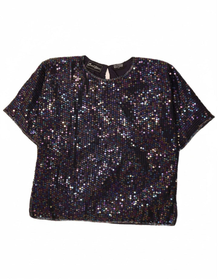 JEWEL QUEEN Womens Sequin Blouse Top UK 12 Medium  Navy Blue Silk