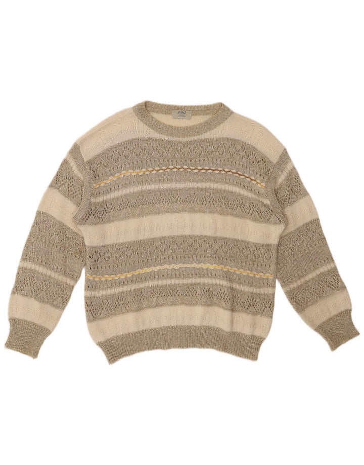 VINTAGE ženski džemper s veznim izrezom UK 14 Veliki bež prugasti pamuk