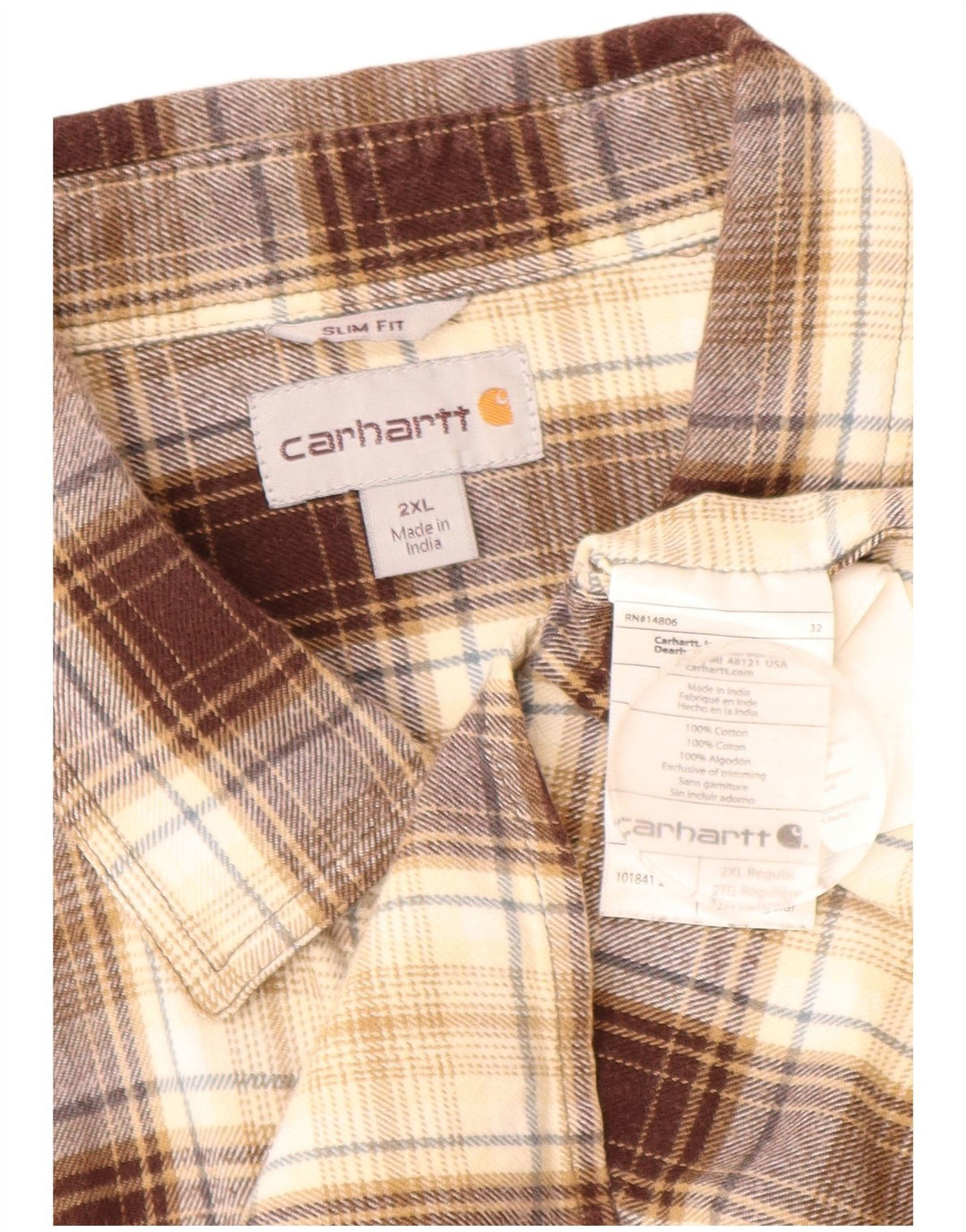 CARHARTT Muška uska flanelska košulja 2XL, pamuk smeđe karirane boje
