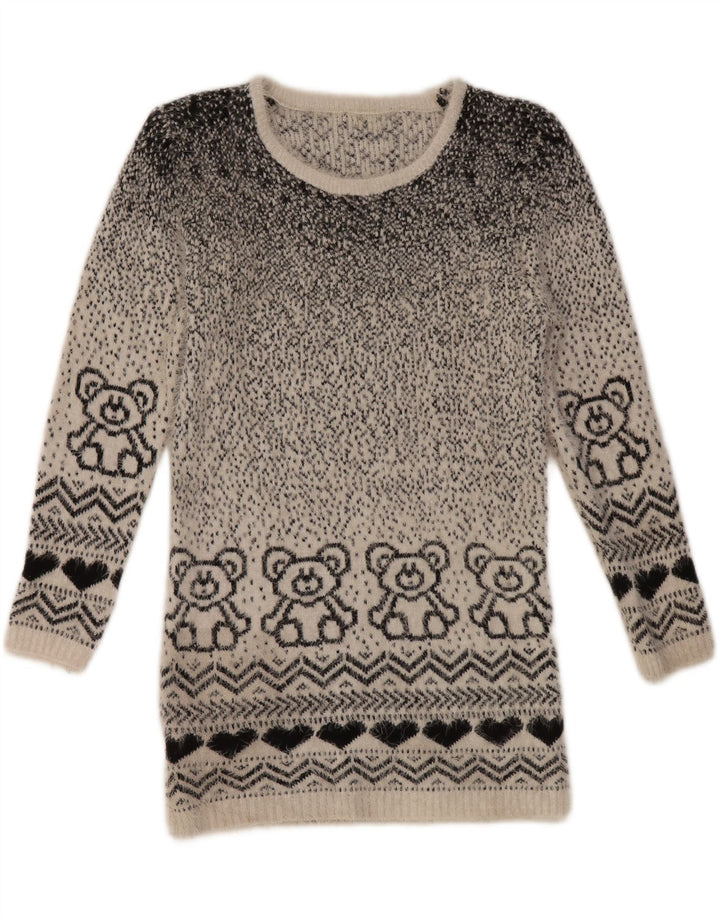 VINTAGE Womens Abstract Pattern Boat Neck Jumper Sweater UK 10 Small Grey Vintage Vintage and Second-Hand Vintage from Messina Hembry 
