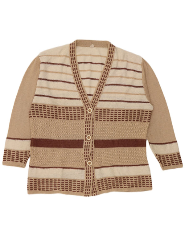 Vintage ženski kardigan džemper s 3/4 rukavima UK 18 XL bež prugasta viskoza
