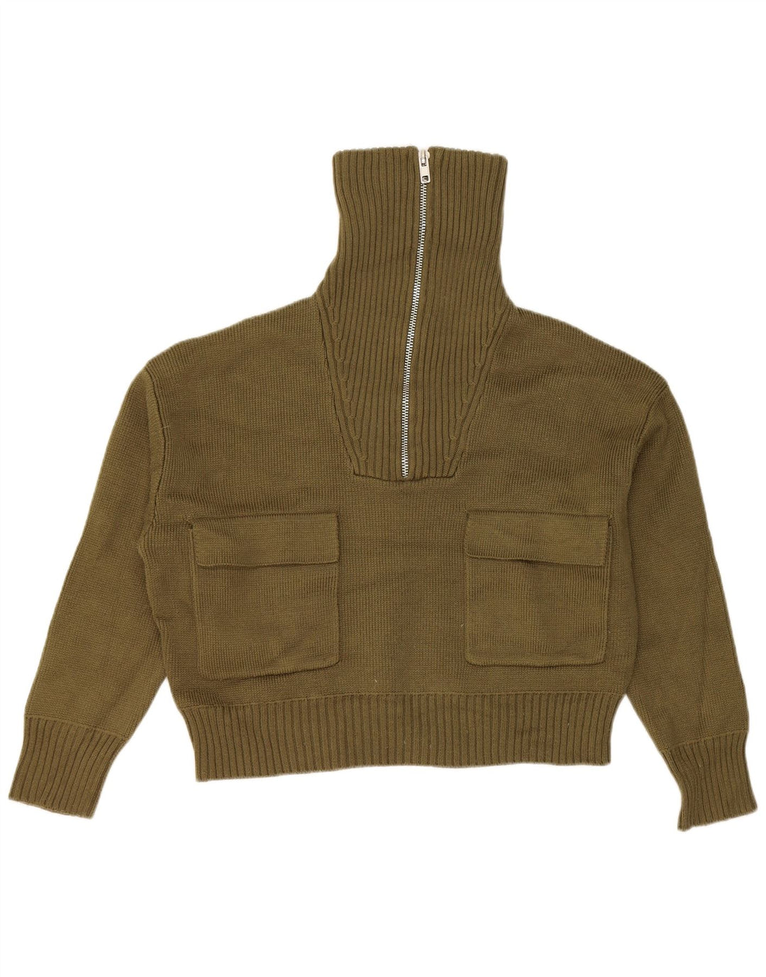 ZARA Womens Zip Roll Neck Jumper Sweater UK 10 Small Green Polyester