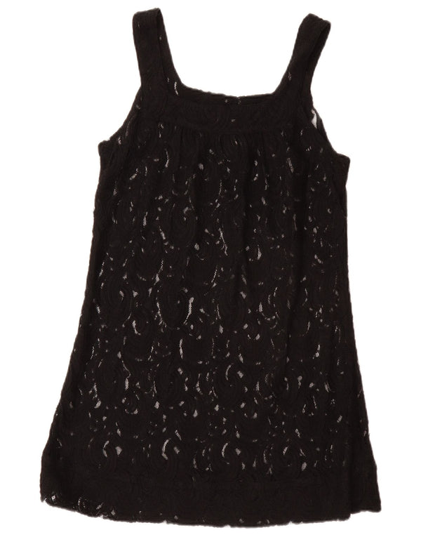 VINTAGE ženska prozirna tunika bez rukava UK 12 srednje crna cvjetna