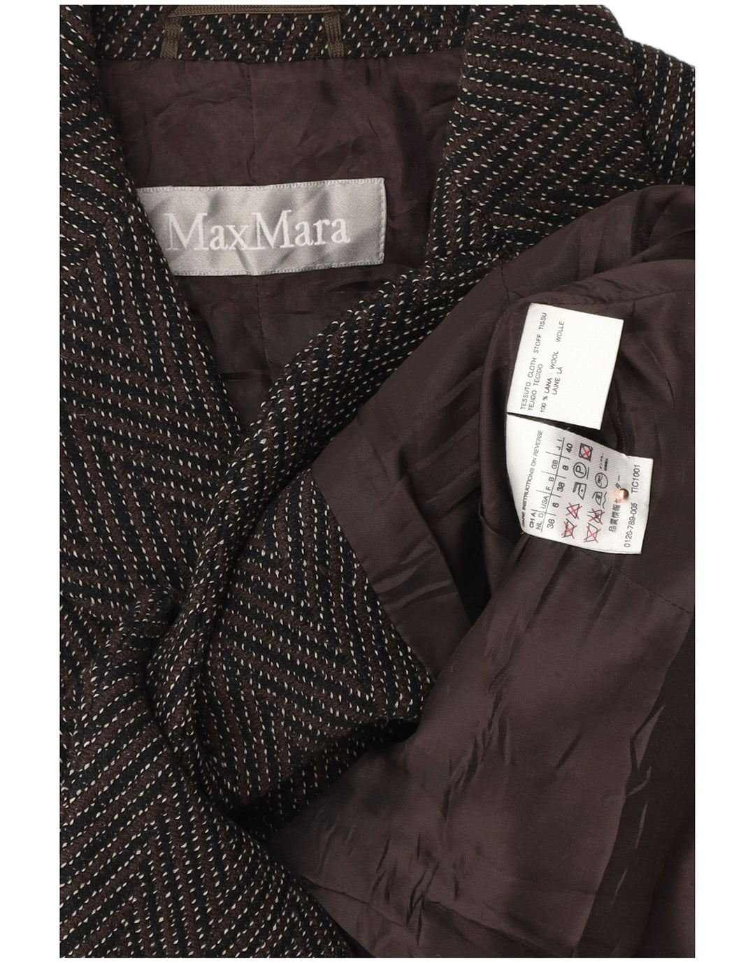 Max Mara ženski sako sa 3 gumba UK 8 Mala smeđa ševron vuna