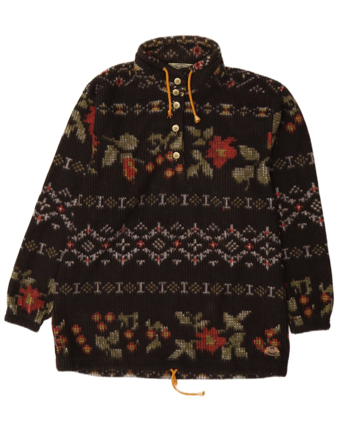 Vintage ženski džemper s dugmadima i ovratnikom IT 48 XL crni cvjetni poliester