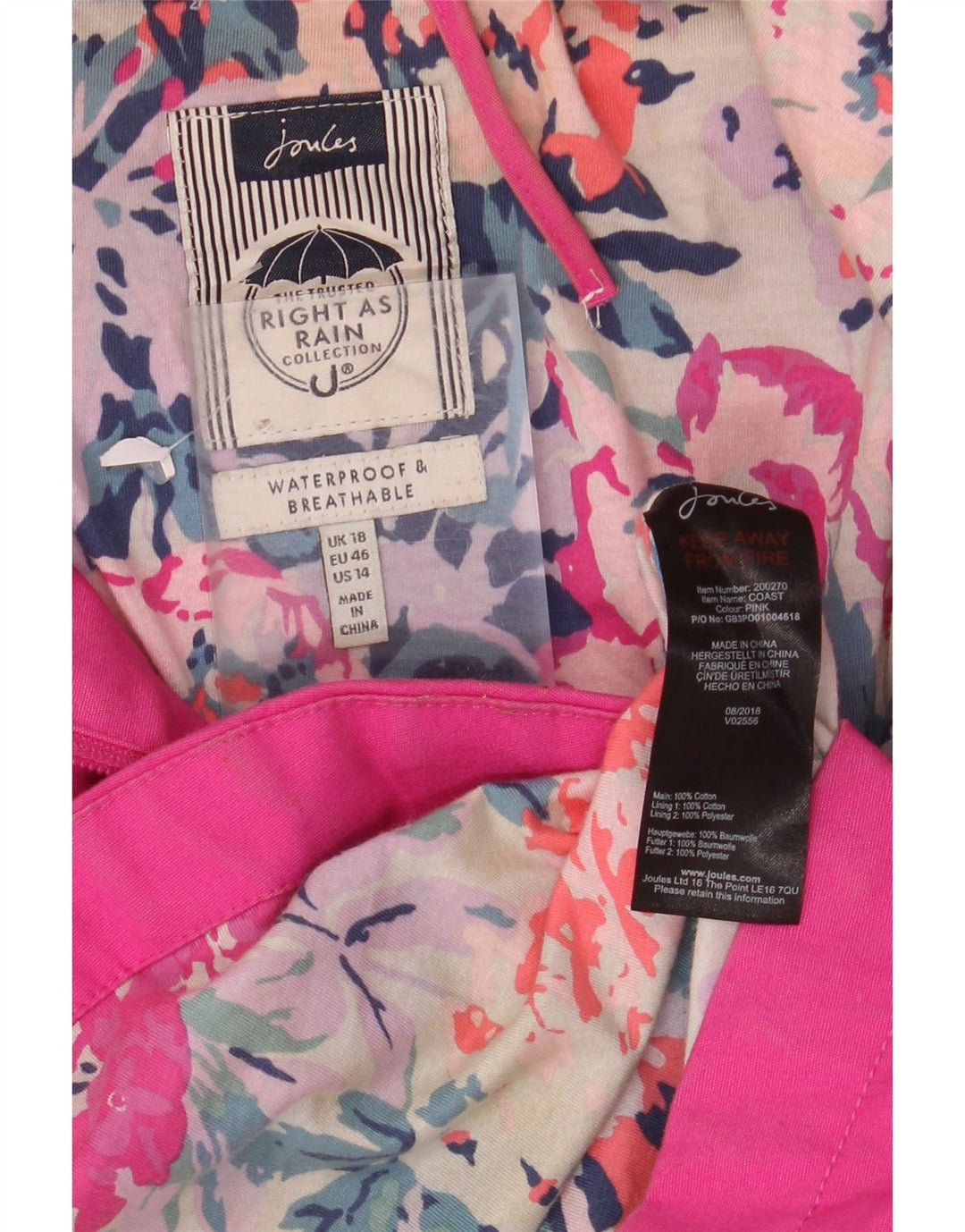 JOULES Ženska kišna jakna s kapuljačom UK 18 XL, ružičasti pamuk