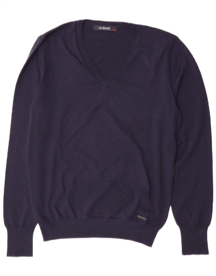 LIU JO Ženski džemper s V-izrezom UK 18 XL Mornarsko plava vunena