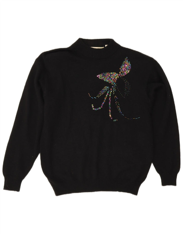 Vintage ženski džemper s grafičkim ovratnikom EU 44 XL crni akril