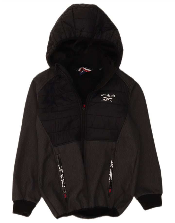 REEBOK Boys Hooded Bomber Jacket 10-11 Years Grey Colourblock Polyester