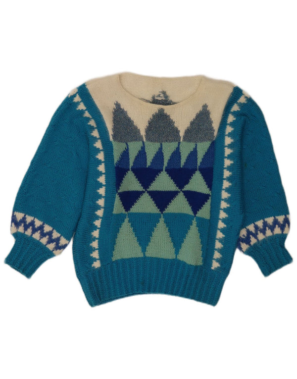 Vintage ženski džemper s brodskim izrezom UK 14 srednje plavi geometrijski