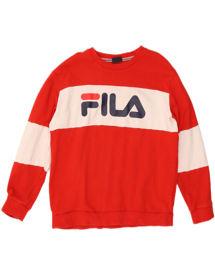 FILA Mens Graphic Sweatshirt Jumper Large Red Colourblock Cotton Vintage Fila and Second-Hand Fila from Messina Hembry 